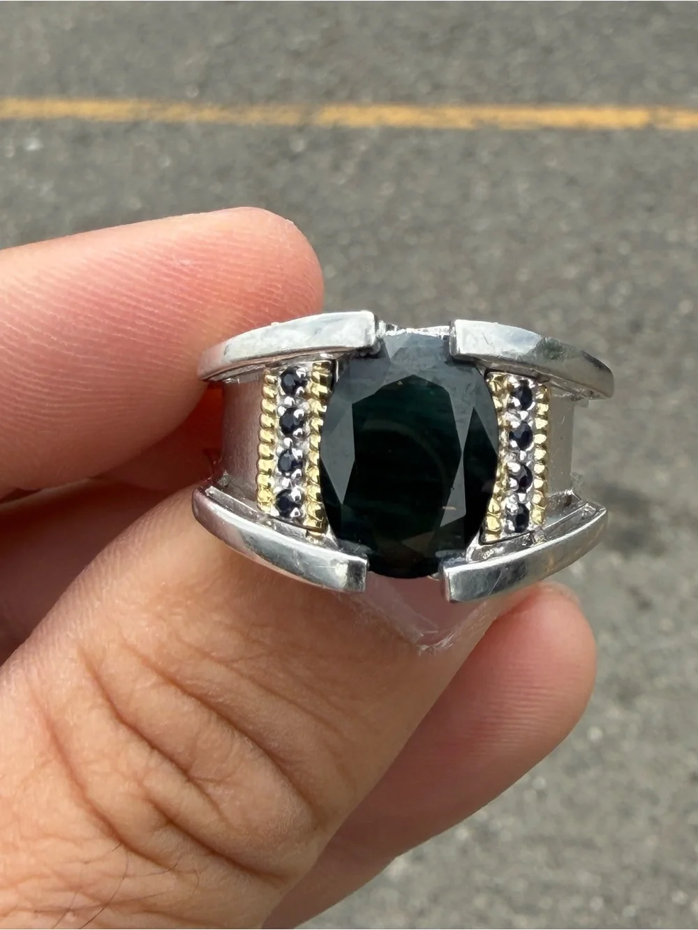 Michael Valitutti Men Ring 925 Sterling Silver Natural Bi-Color Teal Sapphire 12